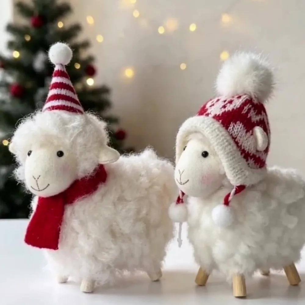 Mini Creative Sheep Doll Cute Curly Fur Little Lamb Hanging Pendant Scarf Hat Plush New Year Xmas Decoration Party Decor
