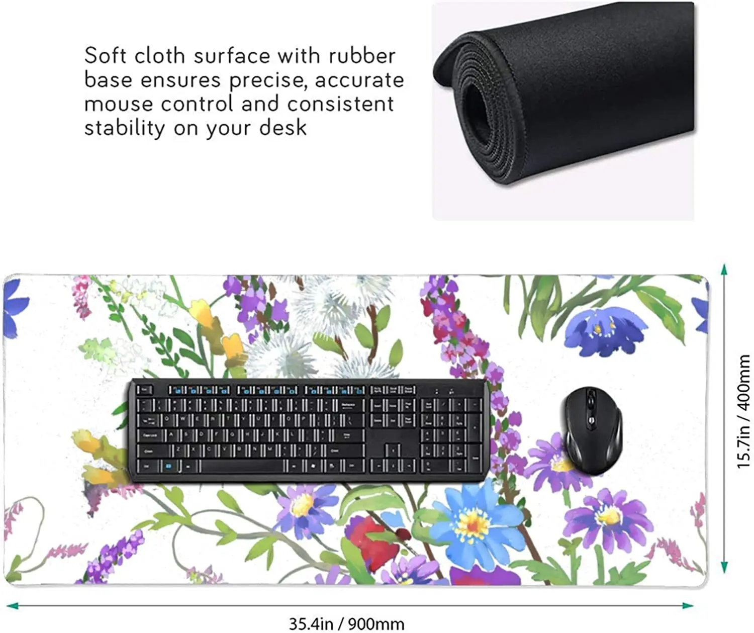 Colorful Floral Pink Flower Mouse Pad Long Large Gaming Mouse Pad with Stitched Edges Keyboard Mat Desk Mat 35.4 × 15.7 Inches