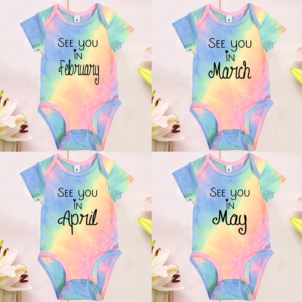 

See You In Birth Month 2022 Newborn Baby Tie Dye Bodysuits Pregnancy Announcement Gift Infant Boys Girls Funny Rainbow Romper