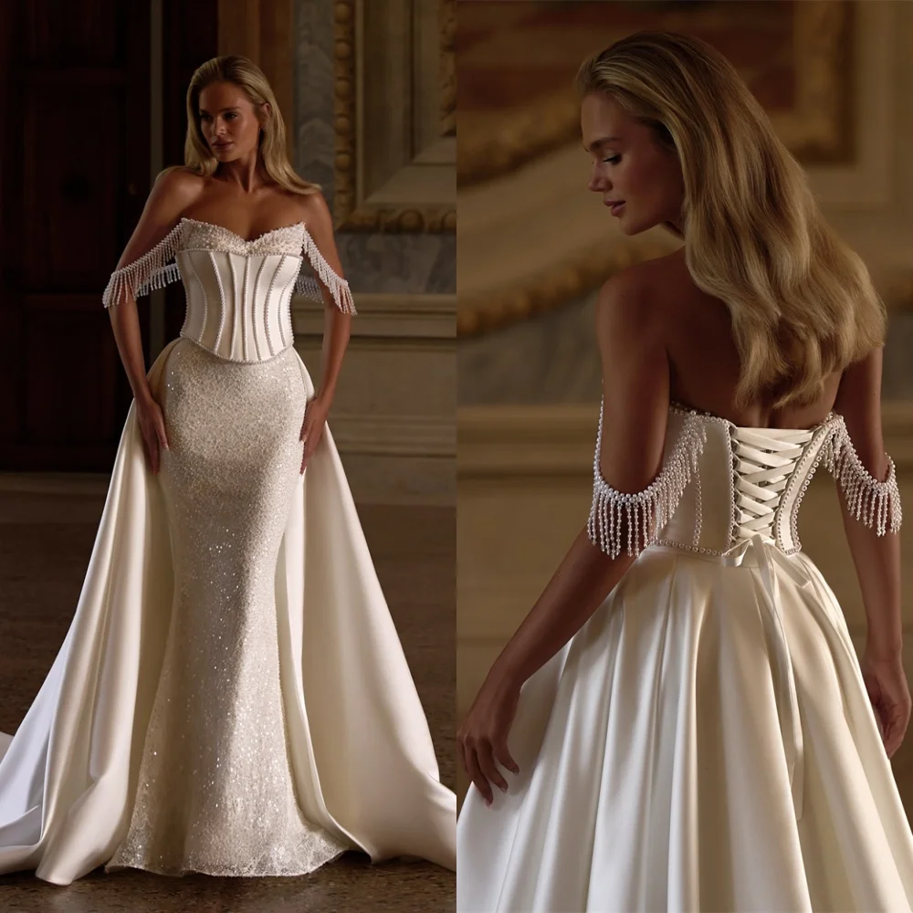 

Customized Delicate White Satin Wedding Dress Exquisite Strapless Robe de mariée Elegant Sequined Lace Up Back Vestido De Novia