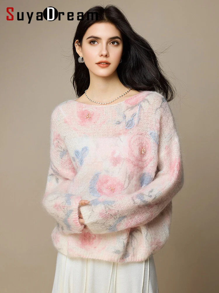 

SuyaDream, Woman Mohair Pullovers, Sheep Wool, Floral Printed Sweaters, Round Collar, 2025 Fall Winter Fashionable Top, Pink