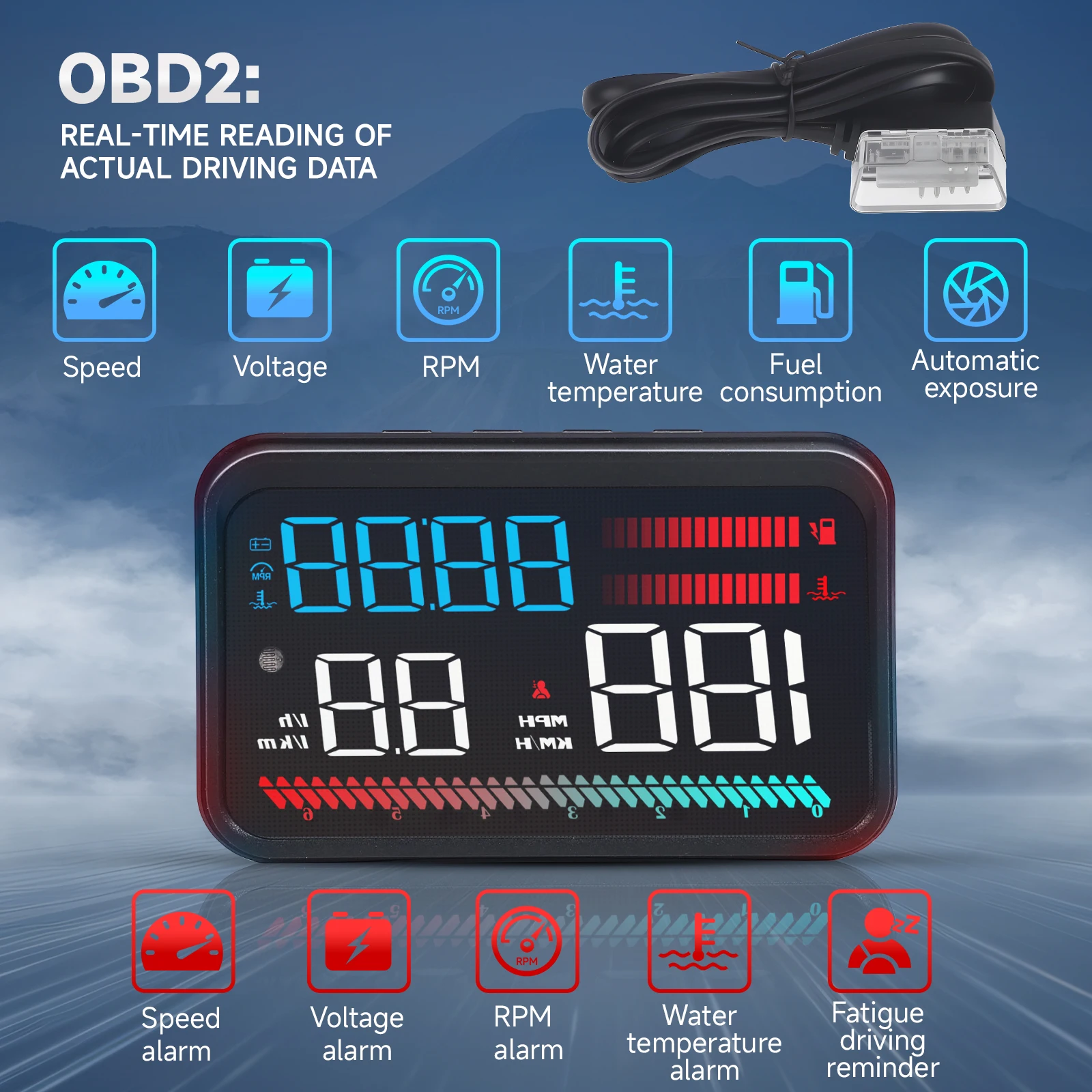 Digitaler Tachometer P16 OBD2 HUD TFT LCD Farbdisplay Head-Up-Display Drehzahlmesser Spannung Turbodruck Öltemperatur Zeitanzeige für Autos – Detail 3