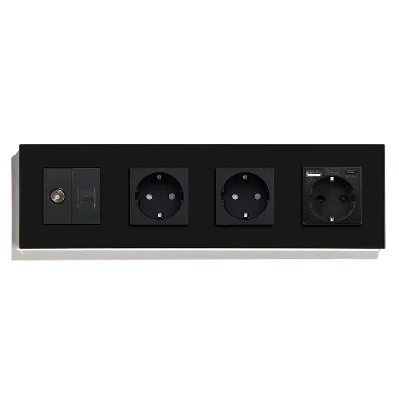 EU Standard Wall Socket with USB Type-c Light Switch Black Crystal Glass Panel Interruptor Outlet with TV network CAT6 interface