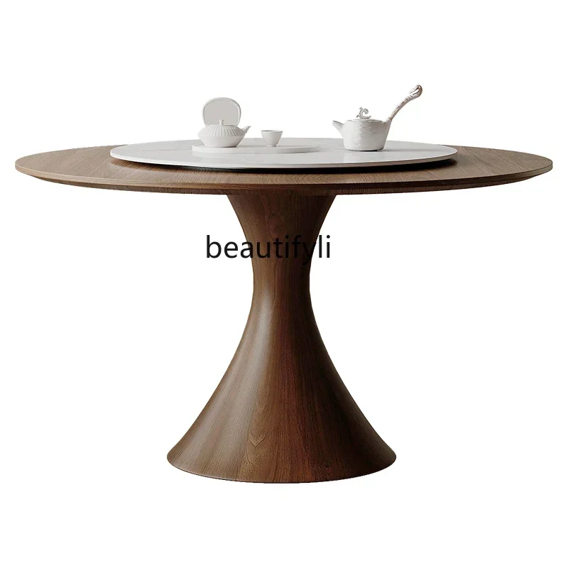 

V Retro Walnut Stle Solid Wood round Table Household Small Apartment with Turntable round Dining Tables and Chairs Set