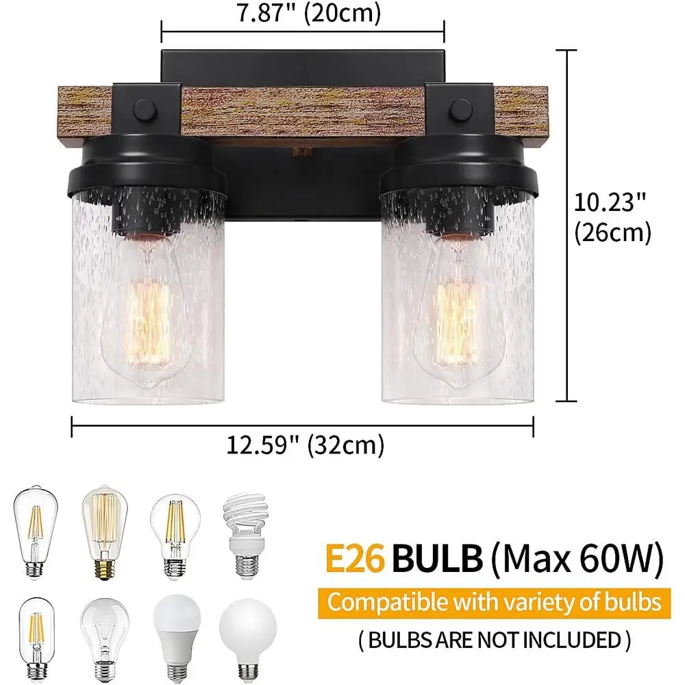 Lampade da toeletta per bagno rustico a 2 luci Illuminazione da parete industriale Legno in metallo fatto a mano con paralume in vetro Compatibile con E26