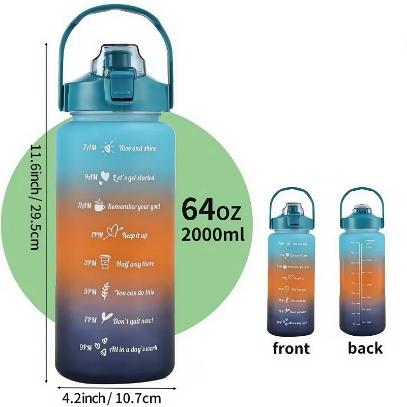 Botella de agua de gran capacidad para exteriores, 2L, taza de plástico, cubierta de rebote, taza de paja portátil a prueba de fugas, marcador de tiempo, botellas de gimnasio con gradiente