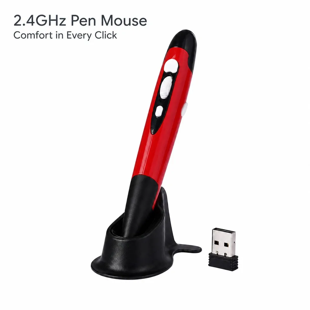 2.4GHz Wireless Pen Mouse 800/1200/1600 DPI Ergonomic Handheld Optical Mouse with USB Receiver Stand for Laptop PC Office Travel