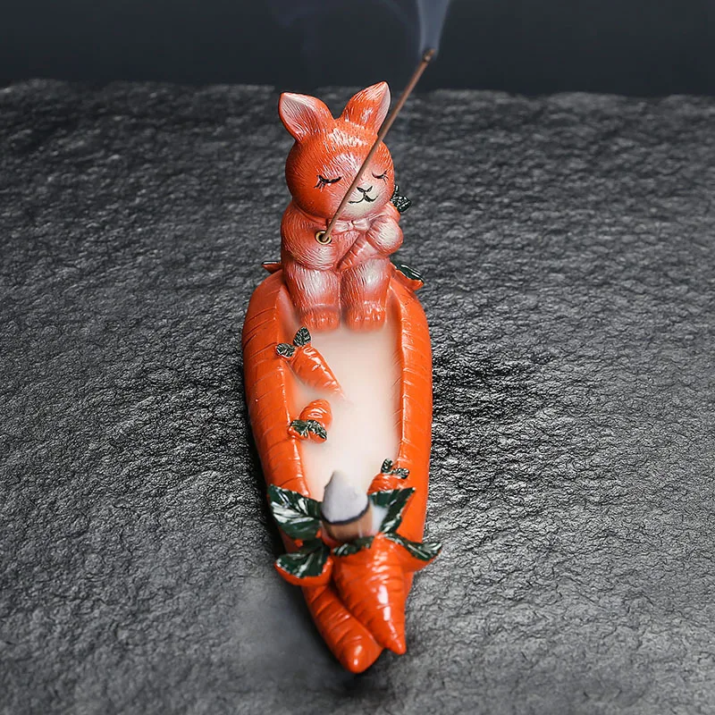 Carrot-Bunny Resin Backflow Incense Burner, Cute Miniature Figurine, Handmade Waterfall Smoke - Trending Hot Search