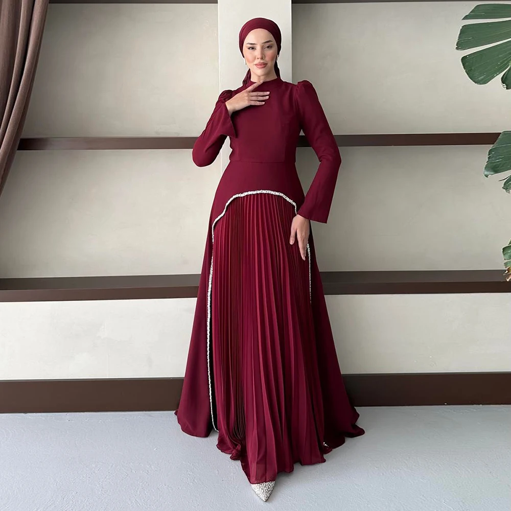

Скромное вечернее платье с длинными рукавами и высоким воротником, плиссированные шифоновые вечерние платья для женщин, вечернее платье с кристаллами в Саудовской Аравии