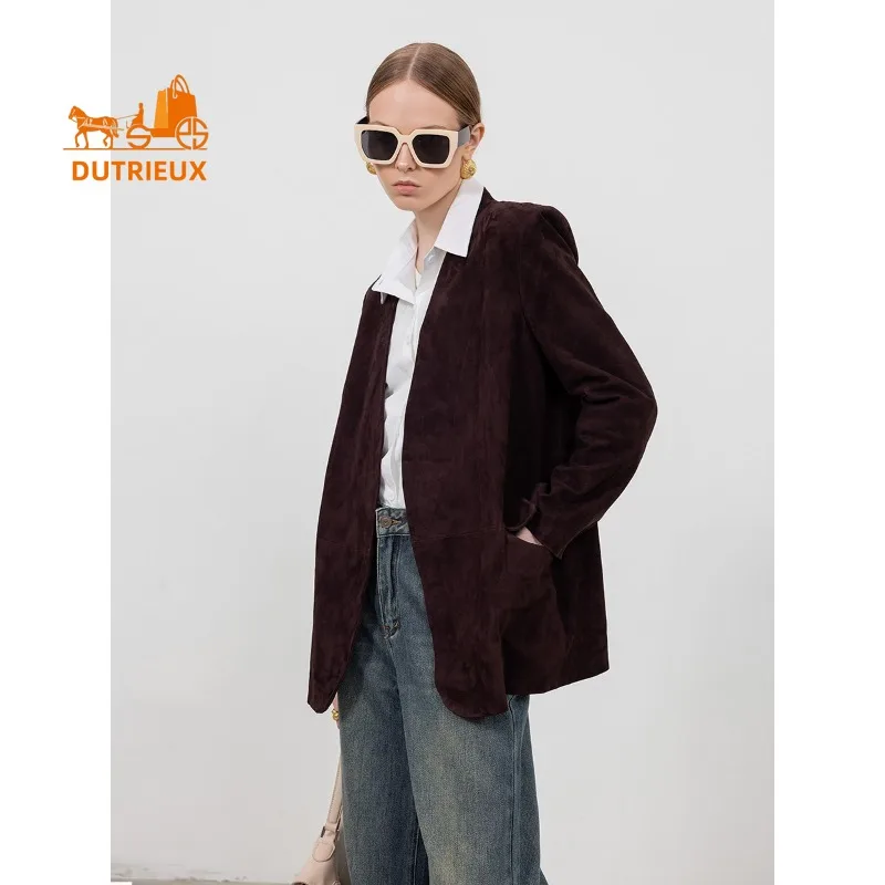 Giacca in vera pelle con scollo a V in pelle scamosciata da donna nuova autunno, vera pelle di pecora al 100%, cappotto da donna slim fit elegante e alla moda