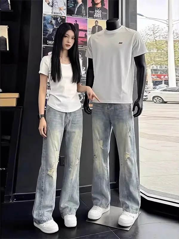 

Retro Diagonal Cut Hole Denim Jeans Men's Summer Cleanfit High Street Vibe Slim Straight Micro Flared Pants Casual Wear