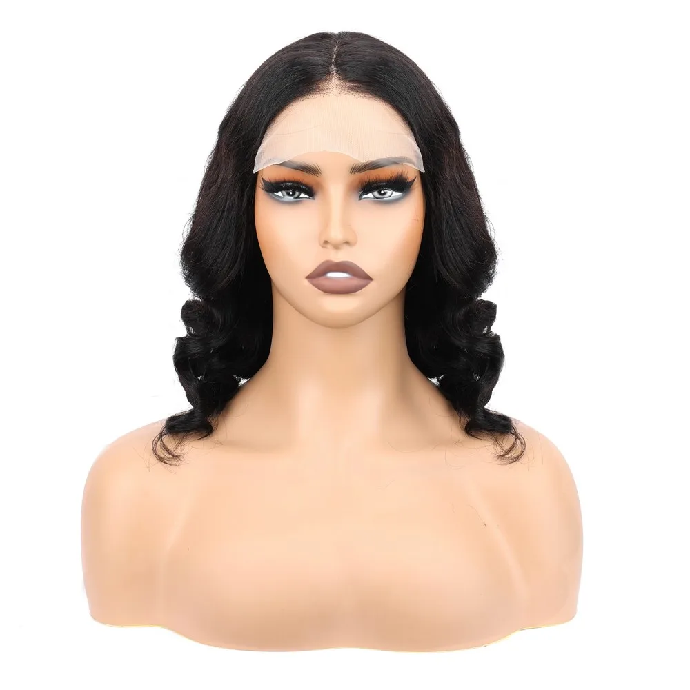 شعر مستعار بوب مموج فضفاض للنساء ذوات البشرة السمراء الجزء الأوسط 4X4 دانتيل أمامي مجعد مموج 100% شعر بشري كثافة 220%