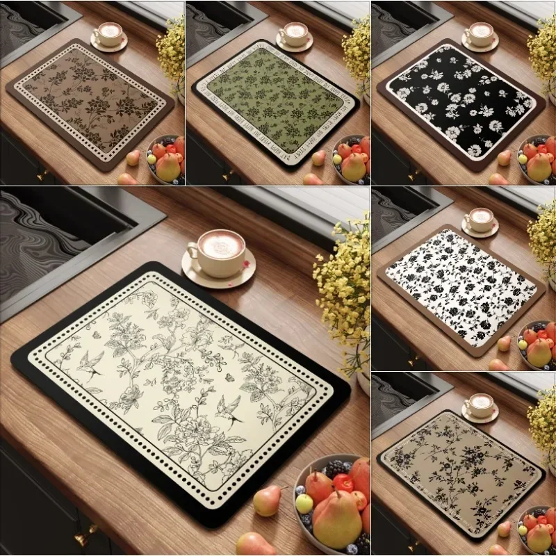 French Retro Floral Pattern Multi Material Absorbent Non Slip Easy Clean Durable Kitchen Drying Mat For Sink Dining Table
