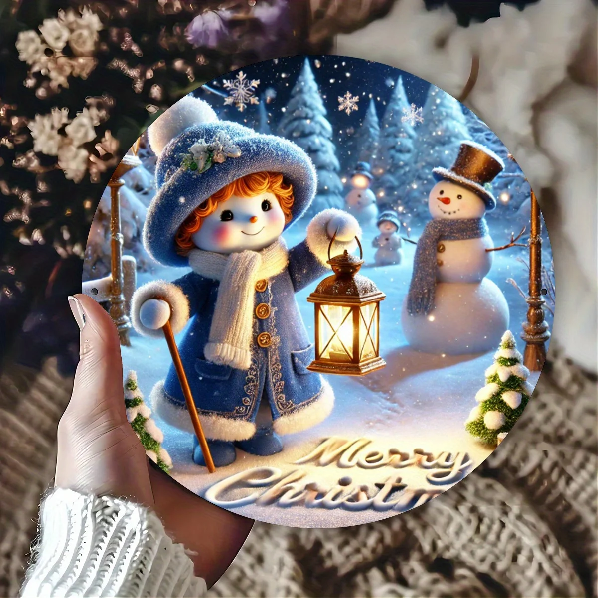 20.32cm Round Merry Christmas Snowman Wreath Sign - Durable Iron Metal Holiday Decor with Cheerful Snowman & Winter Scene, Perfe