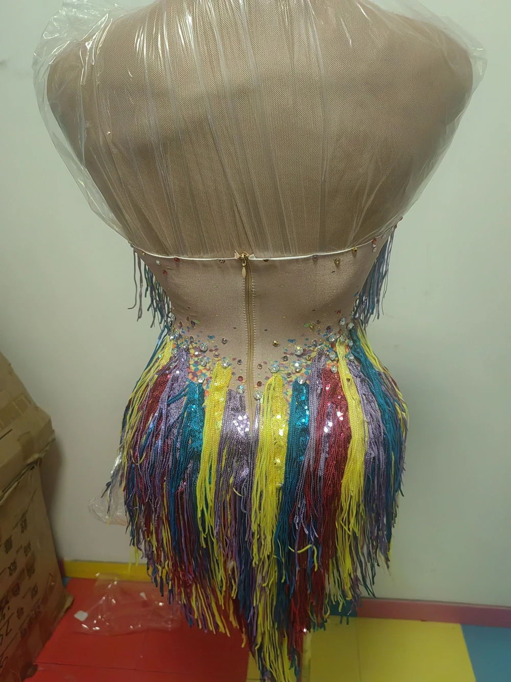 Sparkly Rhinestones Colorful Sequins Tassels Bodysuit for Women Sexy Performance Dance Costume Stage Wear Singer Dancer Clothing