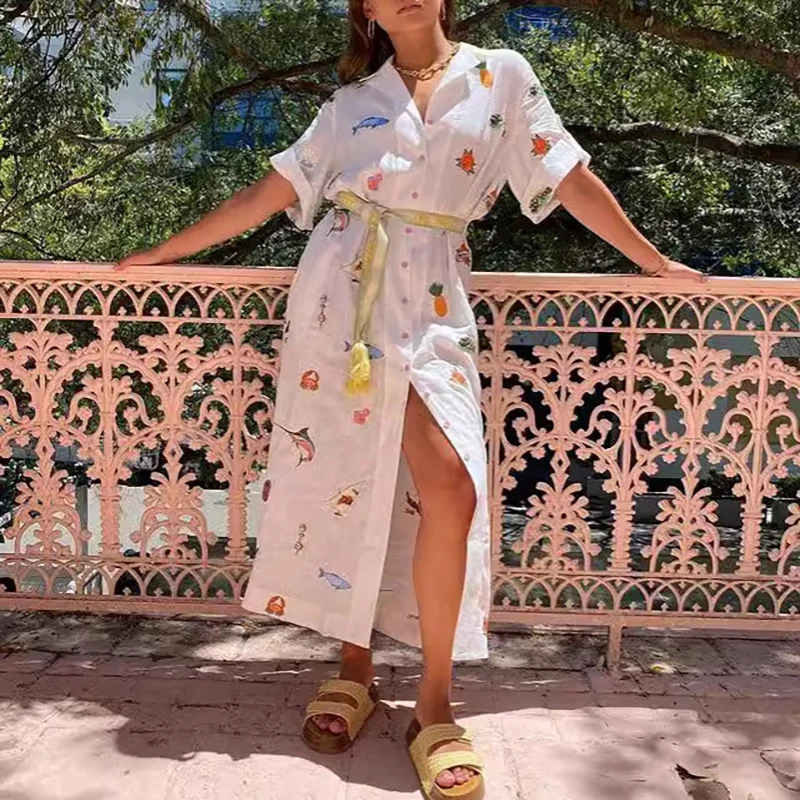 

2024 Summer Funny Print Elegant Maxi Dresses For Women Tie Up Boho Shirt Dresses Vintage Short Sleeves Female Long Dress Vestio