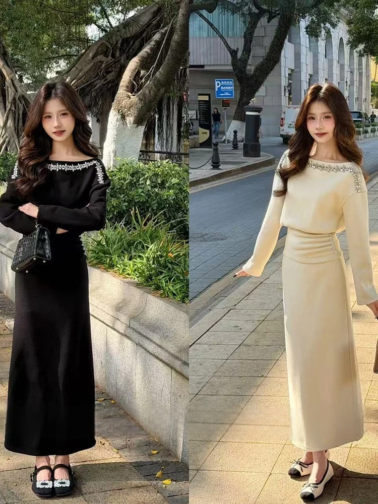 

plus Size Women's Spring New Design Casual Top Skirt Set Slimming Ensemble High Waist Long Sve round Neline Two-Piece Suit