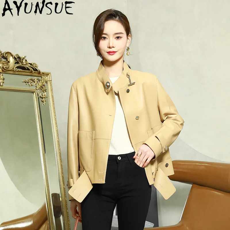 AYUNSUE 진짜 양피 정품 가죽 자켓 여성 2025 모토 & 바이커 코트 봄 가을 옷 짧은 스타일 Jaqueta De Couro