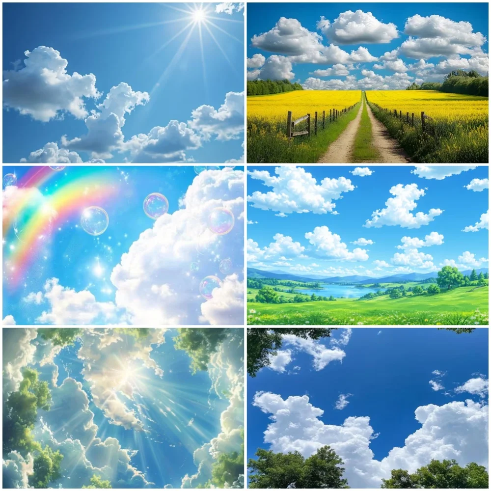 Fondo Decorativo para Fiesta con Temática de Paisaje Natural: Cielo Azul, Nubes Blancas, Arcoíris, Lago, Mar, Playa, Telón de Fondo para Turismo, Pancarta Decorativa