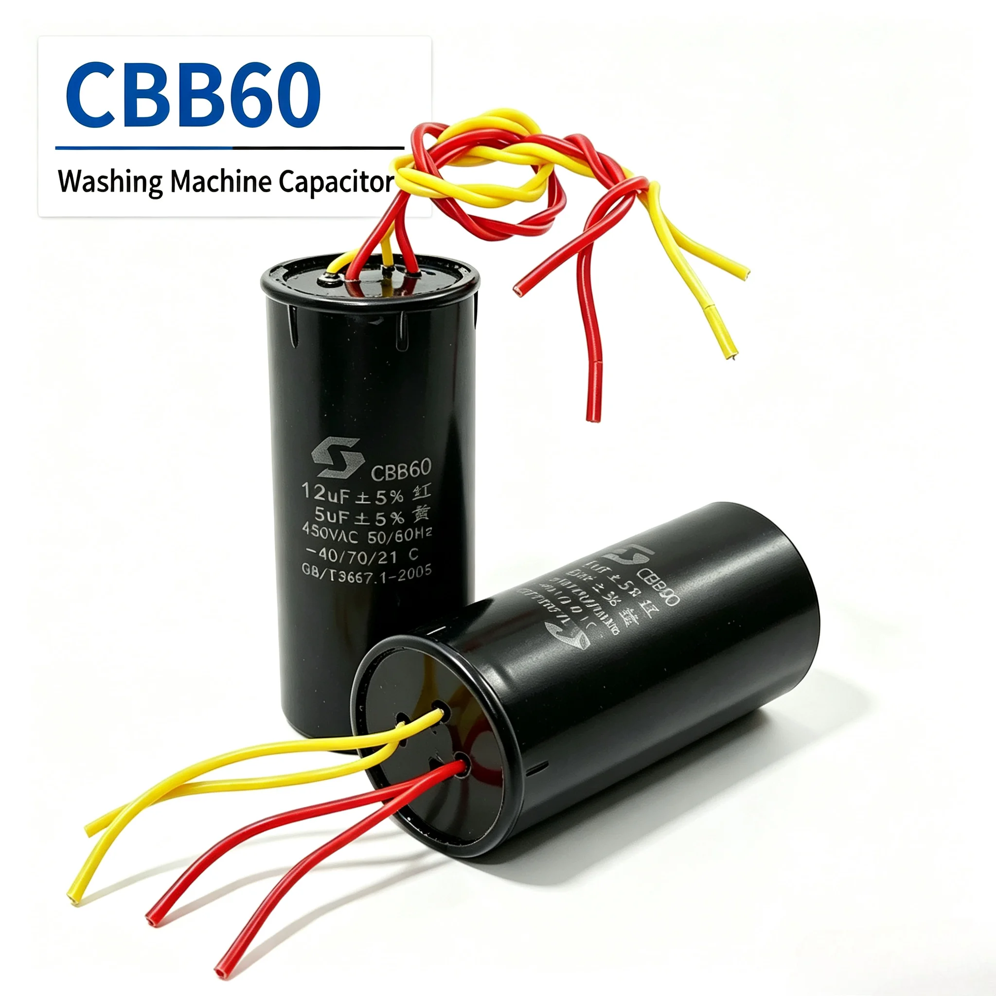 1PCS CBB60 Double Start Capacitor for Washing Machine Motor High Stability Flame-Retardant High Insulation Resistance 12UF+5UF