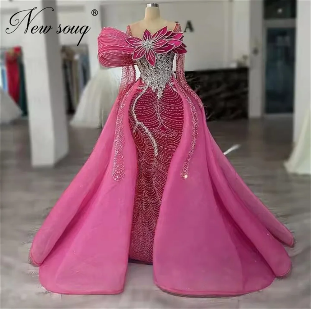 

Elegant Pink Off Shoulder Cocktail Dresses With Overskirt Arabic Dubai Beading Evening Dress Customized Engagement Party Gowns