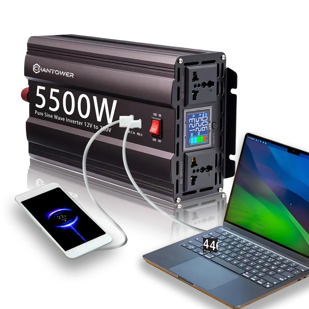 Pure Sine Wave Inverter 12V 220V 2000W/3000W/4400W/5500W DC to AC Converter Car Power Solar Inverter with Fast Charging USB C