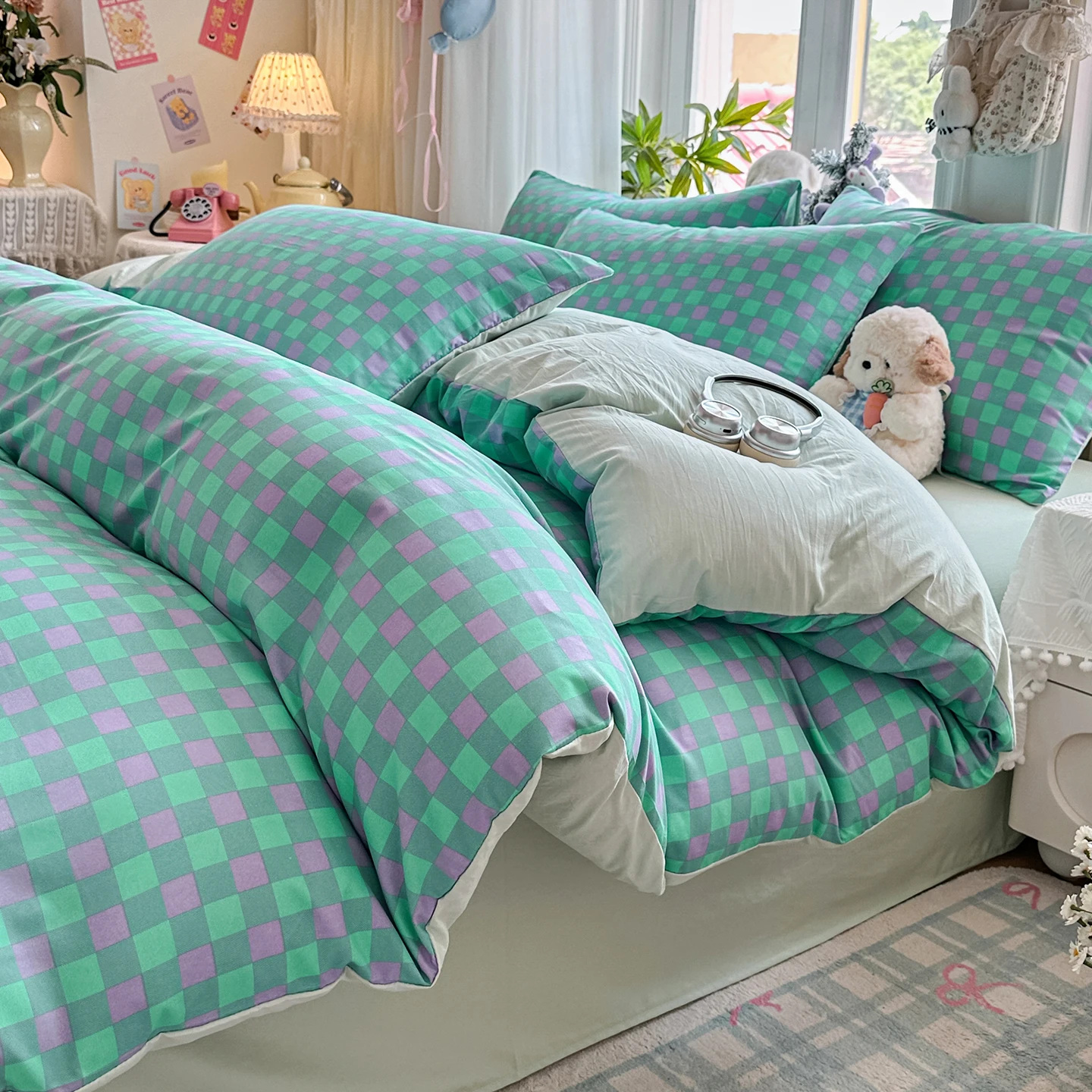 2026 New Bedding Set Solid Color Grid Washed Cotton Single King Queen Size for Home Bedroom Decor Back-to-School Dormitory Decor