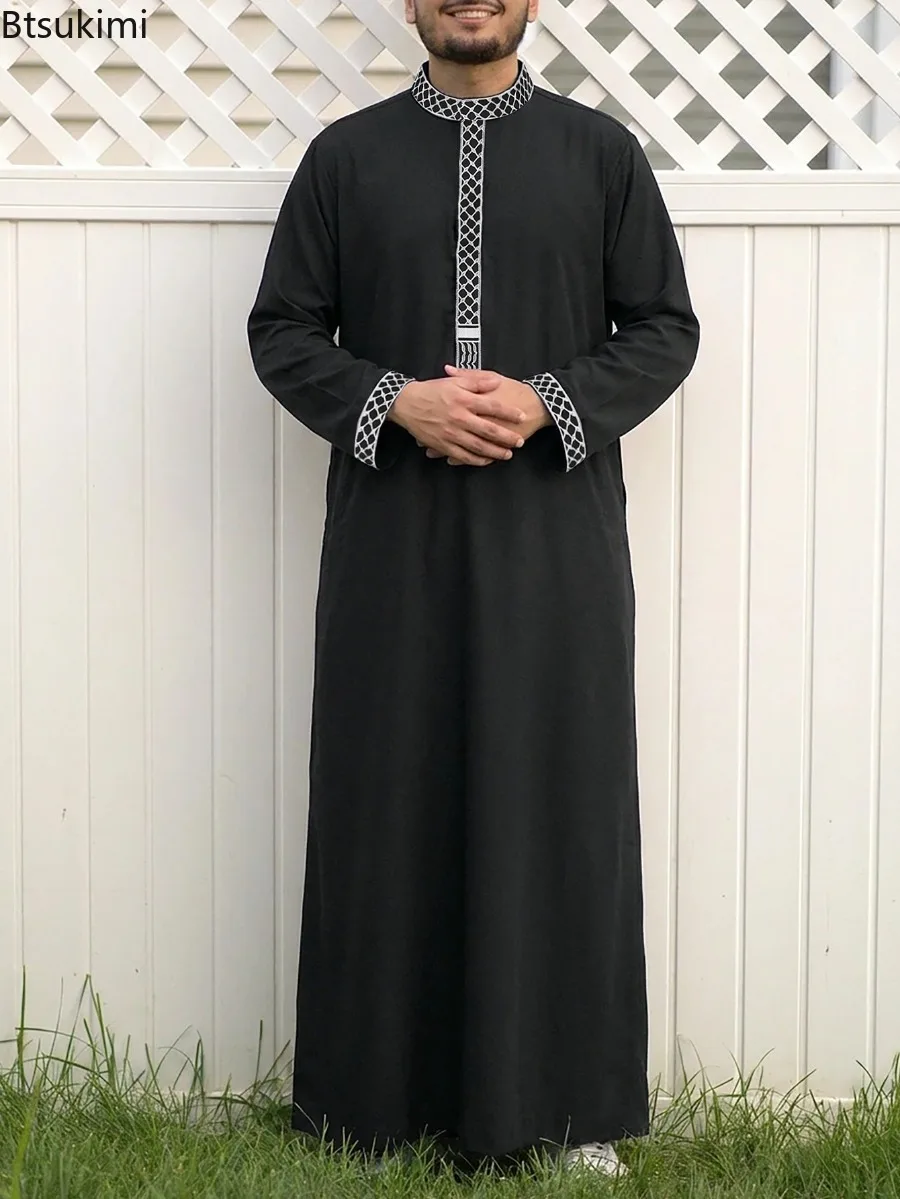 Moroccan Men Jubba Thobe Ethnic Style Stand Collar Long Sleeve Embroidered Robe Men Dress Muslim Fashion Abayas Islamic Clothing