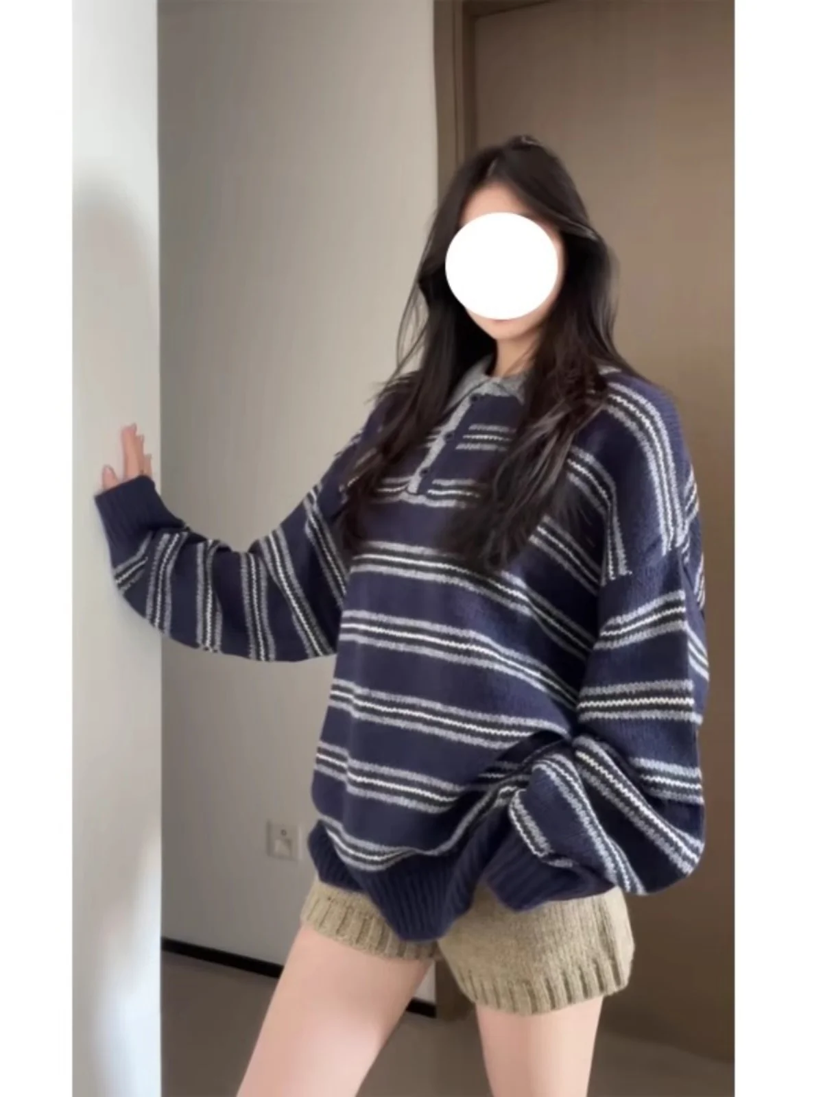 Retro American Striped  Ne Sweater Women's Loose Fit Autumn Winter Outerwear Lazy Sle Knitted Slimming Top