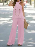 2026 New Women  Two Piece Set Women's Matching Sets Twist Halter Neck Sleeveless Wide Leg Pants Casual Summer Vacation Outfits - Image 3