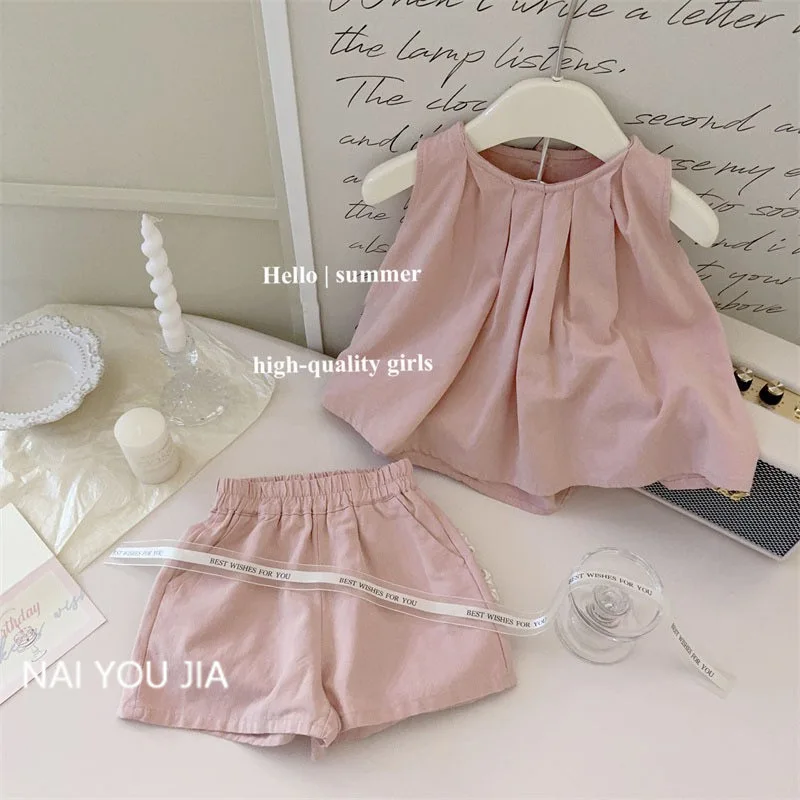 

Girls Suits Short Sleeve Set Summer 2024 New Fashion Summer Children Vest Shorts Two-piece Set Clothes Korean Sweet Style