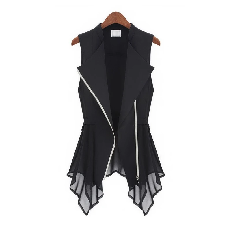 #0708 Summer Black Asymmetrical Chiffon Waistcoat For Women Thin Sexy Vest Coat Sleeveless Jacket Female Long Vest With Zipper