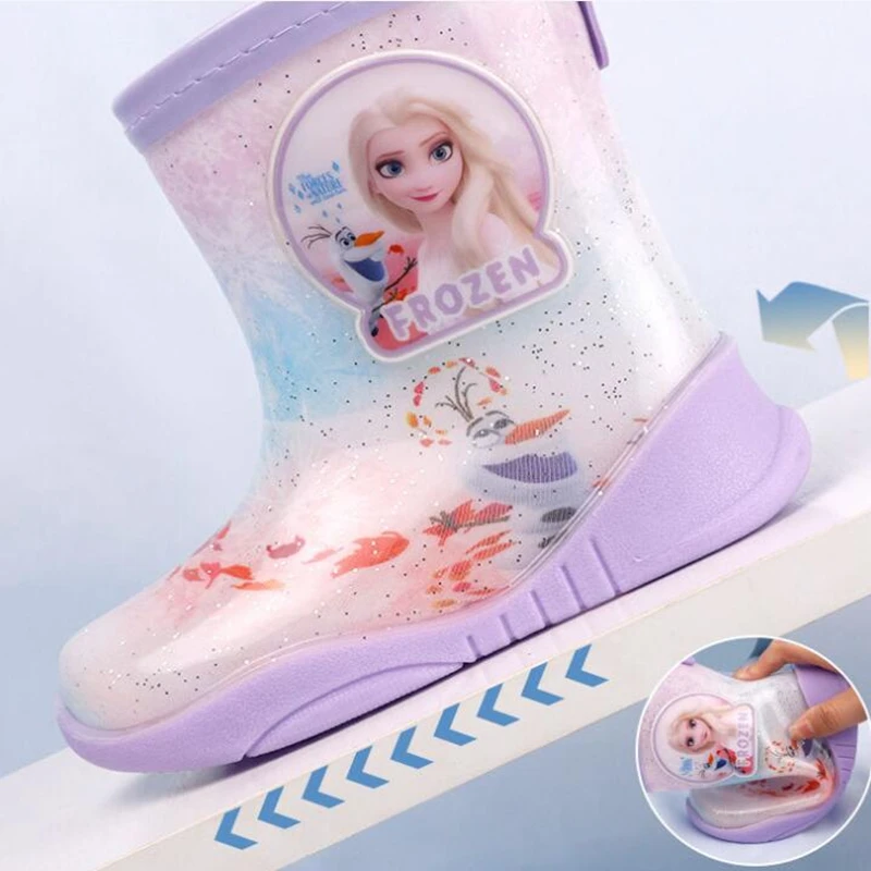 New Kids Girls Rain Boots Boys Waterproof Shoes Cartoon Disney Frozen Elsa Princess Student Children Toddler Flat Water Shoes