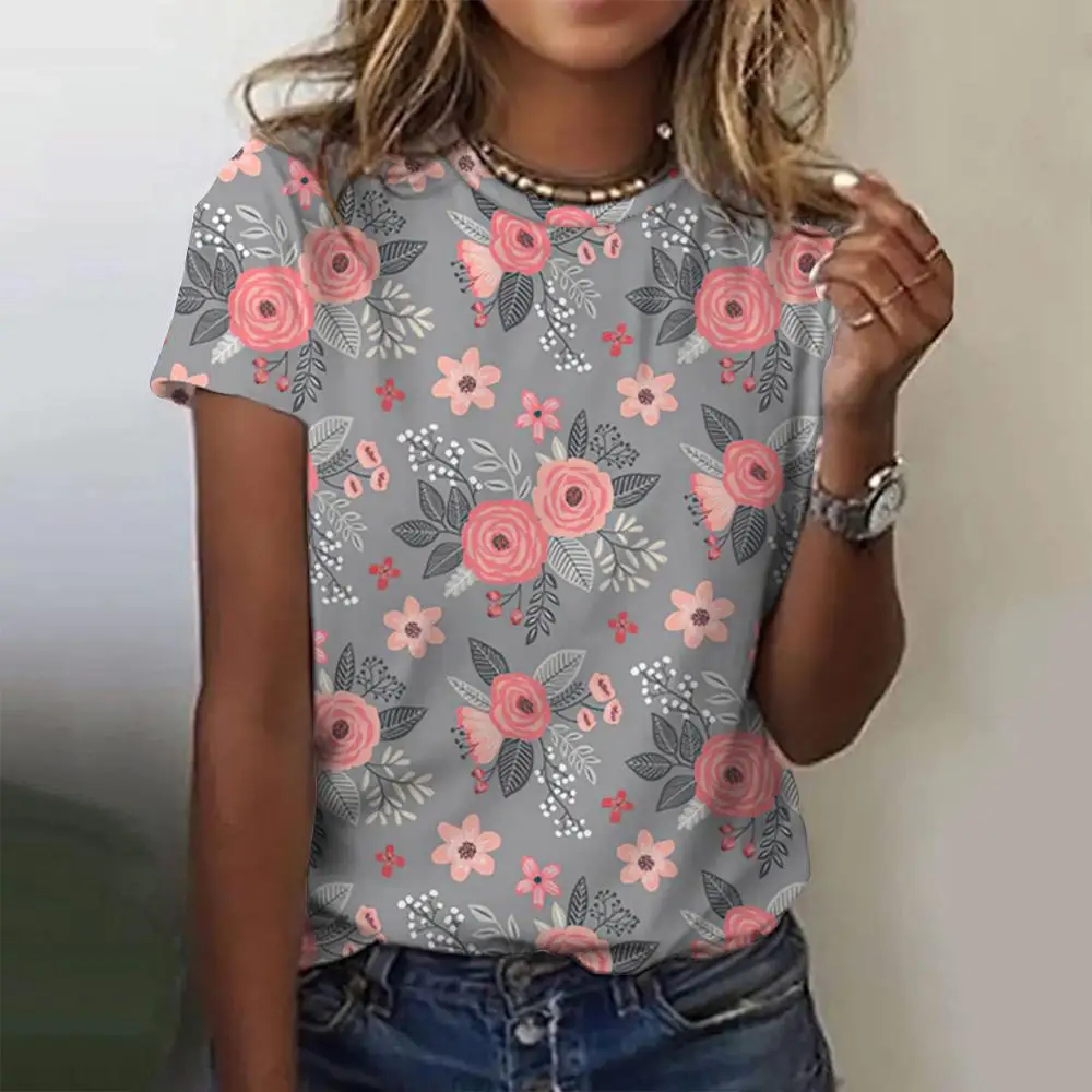 Camiseta con estampado Floral en 3d para mujer, Top informal con cuello redondo para mujer, Tops Harajuku para niña, ropa de calle de manga corta,