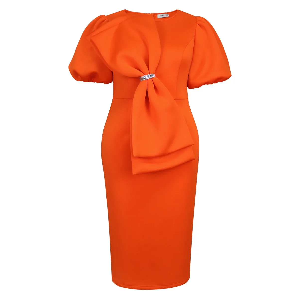 

Red Bow High Waisted Dress Elegant Bubble Sleeves O Neck Slim Fit Midi Dress for Women New Evening Birthday Party Dresses