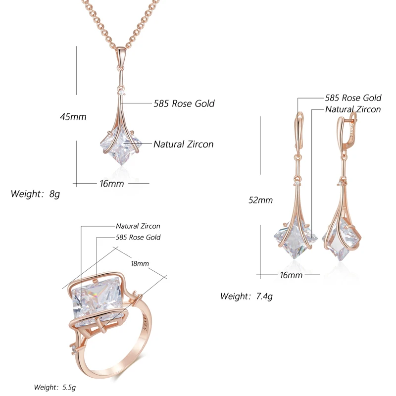 Kinel Hot Square White Natural Zircon Jewelry Sets for Women 585 Rose Gold Color Ring Earrings Necklace Daily Vintage Jewelry