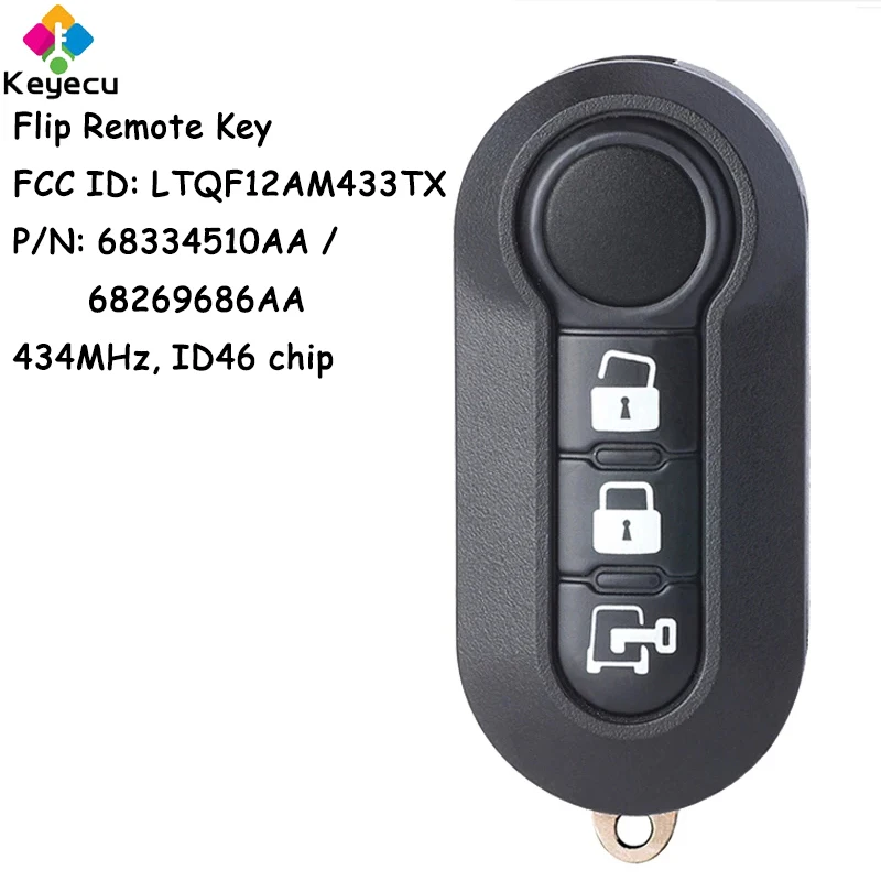 KEYECU Flip Remote Control Car Key With 3 Buttons 434MHz ID46 Chip for Fiat Delphi BCM 500 Doblo Punto Florino Fob LTQF12AM433TX