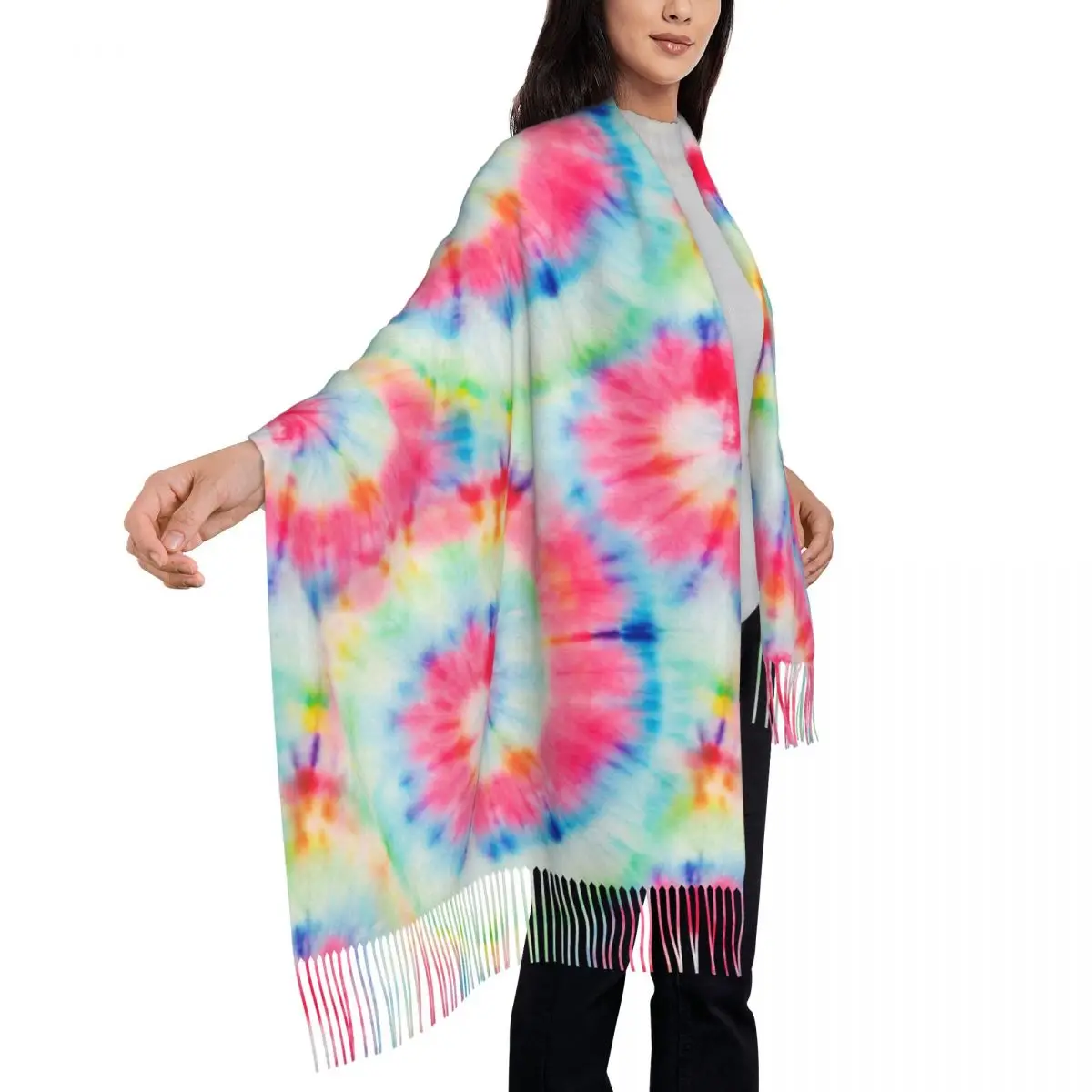 Bufanda colorida de teñido anudado para mujer, Pashmina, chales y envolturas para vestidos de noche, Oficina diaria, arte Trippy, sensación de Cachemira, bufandas grandes