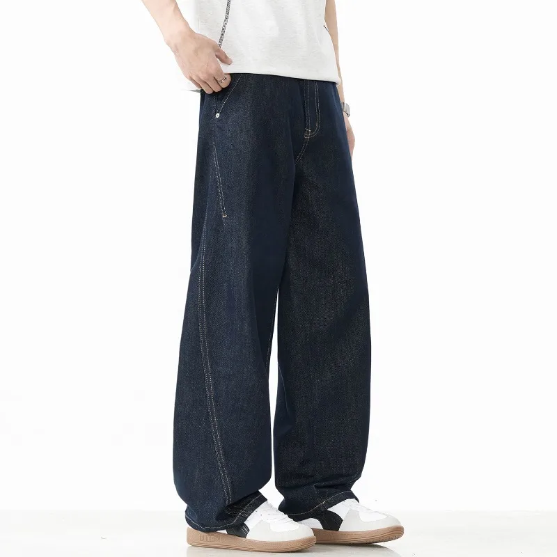 Vintage American Curved Men's Jeans Washed Loose Straight Wide Man Pants Retro Denim Acid Cotton Blue Stylish Comfort Modern
