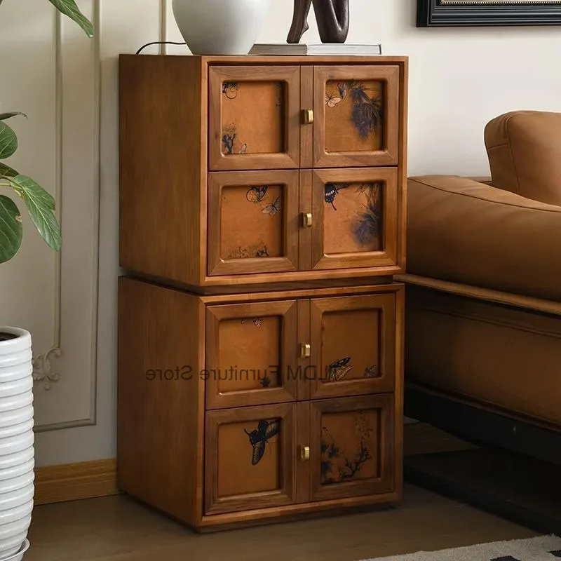 Square Knob Retro Chest Wood Accent Side Storage Cabinet Brass Butterfly Small Floral Cabinet Print for Living Room Sofa Side