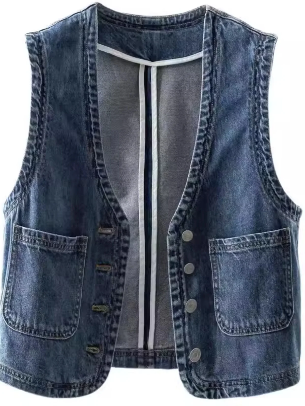 

Loose Casual Denim Vest Top for Middle-Aged Women Short Sleeve Shoulder Bared Outerwear Spring Autumn New Style Slimming