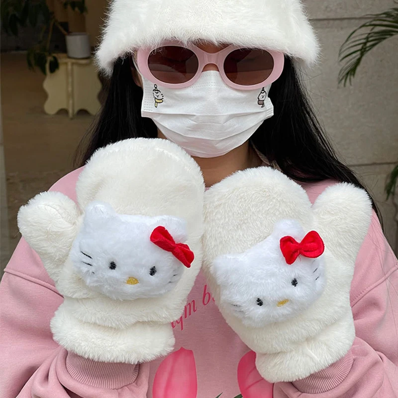 2024 New Hello Kitty Couple Gloves Winter Girl Cute Cartoon Plush Warm Windproof Cycling Full Package Mittens Scarf Matching