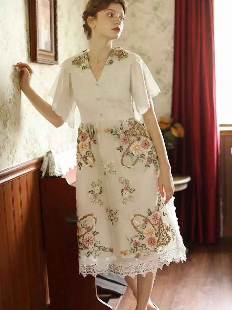 AIGYPTOS Summer Midi White Dress For Women Vintage Elegant Slim Handmade Beading Antique Ribbon Embroidery Limited Edition Dress