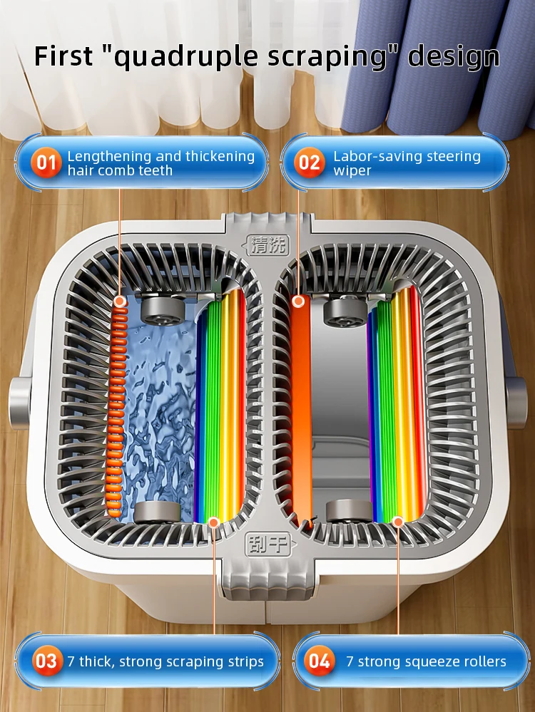 Joybos-fregona plana exprimidora para lavado a mano, mopa de tela de microfibra con cubo, limpia y raspa, seca, varilla extendida de 140cm