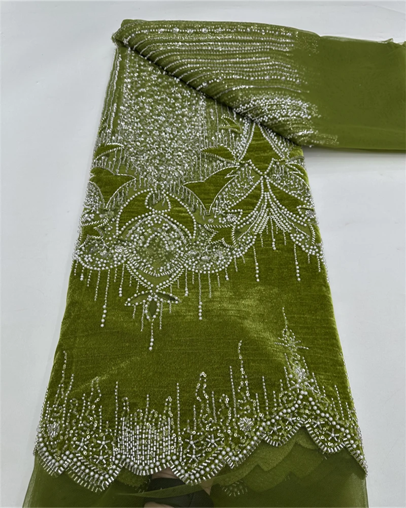 아프리칸 레드 벨벳 비즈 레이스 튤 원단 2025 고품질 비즈 프랑스 스팽글 자수 레이스 원단 (바느질용)