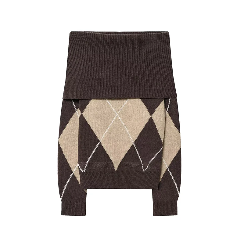 Vintage Argyle Sexy Off Shoulder Knit Sweater For Women Long Sleeve Loose Casual Autumn Winter Pullover Fahsion D4QE