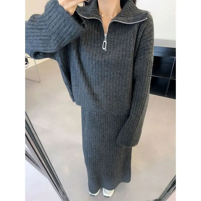 

Осень-зима, женский повседневный серый свитер с джокером, юбки, костюмы из двух предметов, женские винтажные костюмы на молнии с отложным воротником, вязаные топы, юбки, комплекты