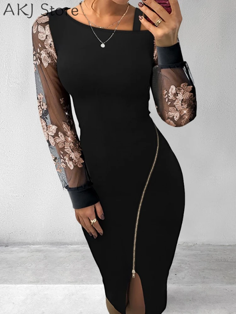 ดอกไม้เลื่อมไหล่เย็นชุดเข้ารูป Zip Up SHEER ตาข่าย Patchwork MIDI Dress