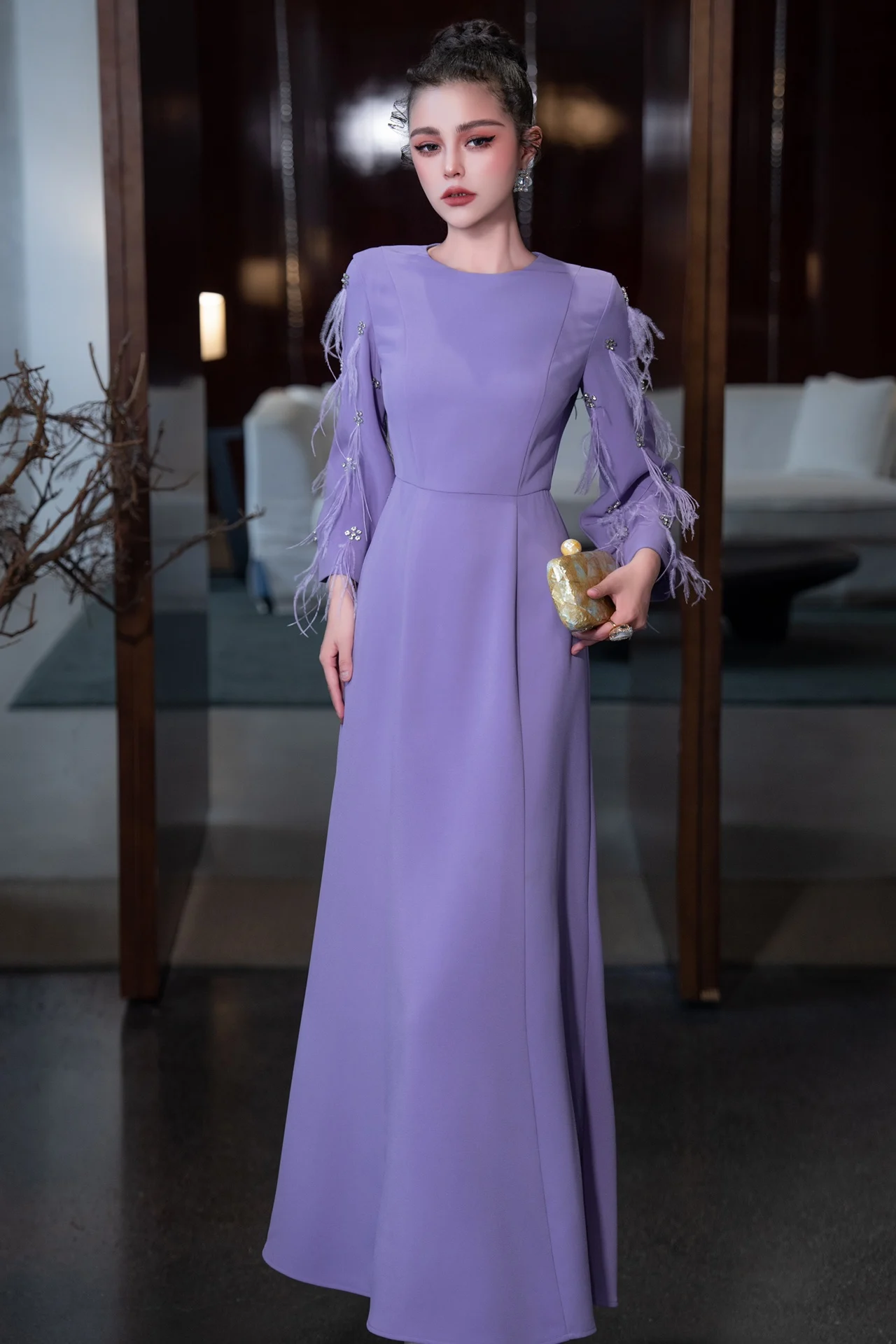 ZJYT Elegant Women\'s Long Evening Party Dresses 2025 Spring Designer Feathers Beading Maxi Purple Dress Female Vestidos Robe