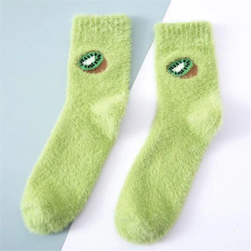 Women Kawaii Fruit Fluffy Socks Winter Warm Thermal Fuzzy Socks Female Girls Fashion Avocado Cherry Eggplant Floor Sleep Sock